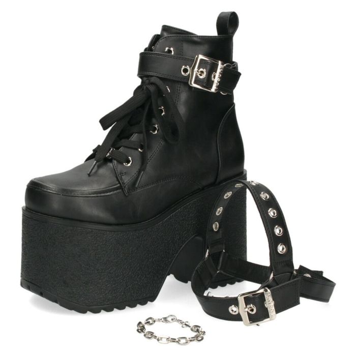 ヨースケ 厚底ブーツ レディース 靴 YOSUKE 4460118 ベルト チェーン サイドファスナー レースアップ 幅広 3E ブラック 黒 ブーツ