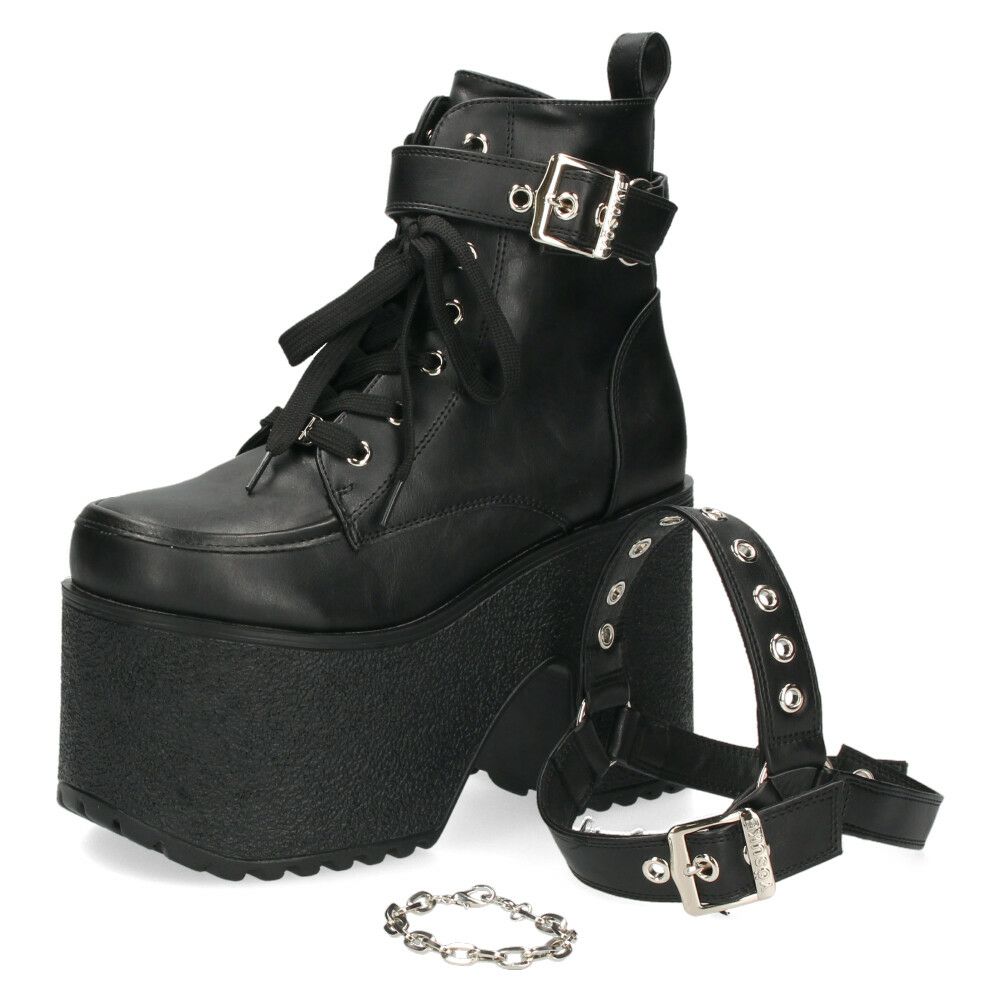 ヨースケ 厚底ブーツ レディース 靴 YOSUKE 4460118 ベルト チェーン サイドファスナー レースアップ 幅広 3E ブラック 黒 ブーツ