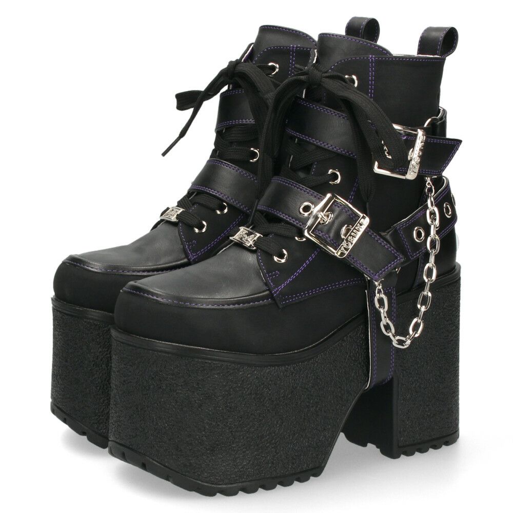 ヨースケ 厚底ブーツ レディース 靴 YOSUKE 4460118 ベルト チェーン サイドファスナー レースアップ 幅広 3E ブラック 黒 ブーツ