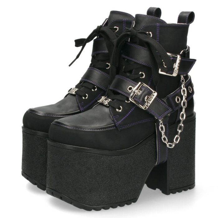 ヨースケ 厚底ブーツ レディース 靴 YOSUKE 4460118 ベルト チェーン サイドファスナー レースアップ 幅広 3E ブラック 黒 ブーツ