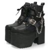 ヨースケ 厚底ブーツ レディース 靴 YOSUKE 4460118 ベルト チェーン サイドファスナー レースアップ 幅広 3E ブラック 黒 ブーツ