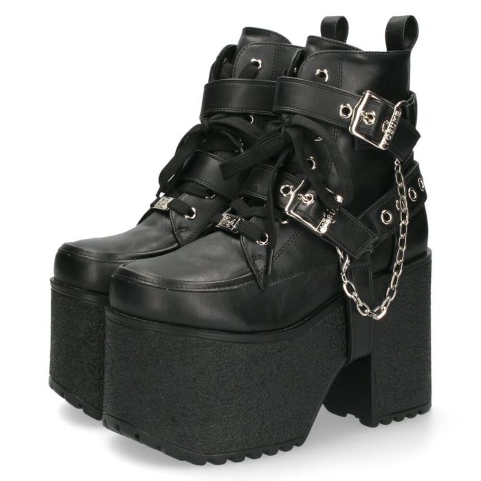 ヨースケ 厚底ブーツ レディース 靴 YOSUKE 4460118 ベルト チェーン サイドファスナー レースアップ 幅広 3E ブラック 黒 ブーツ