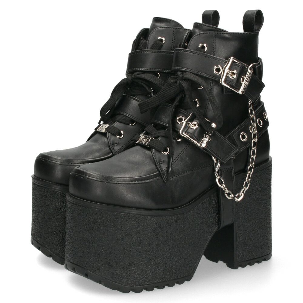 ヨースケ 厚底ブーツ レディース 靴 YOSUKE 4460118 ベルト チェーン サイドファスナー レースアップ 幅広 3E ブラック 黒 ブーツ
