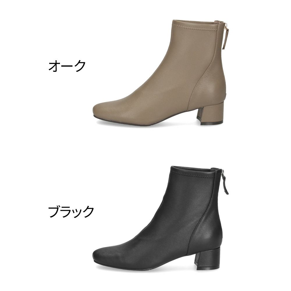 MELMO メルモ 8062 ブーツ ストレッチショートブーツ ショート 靴 本革 2E ファスナー付き チャンキーヒール 防滑ソール スクエアトゥ ブラック オーク